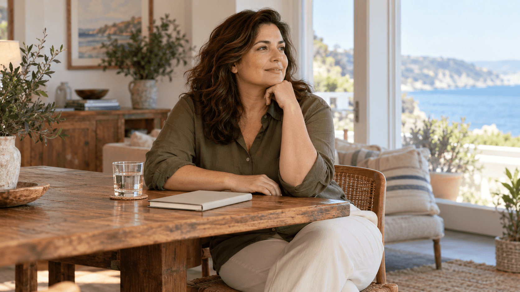 Woman in an olive shirt at a wooden table with a notebook and water.
