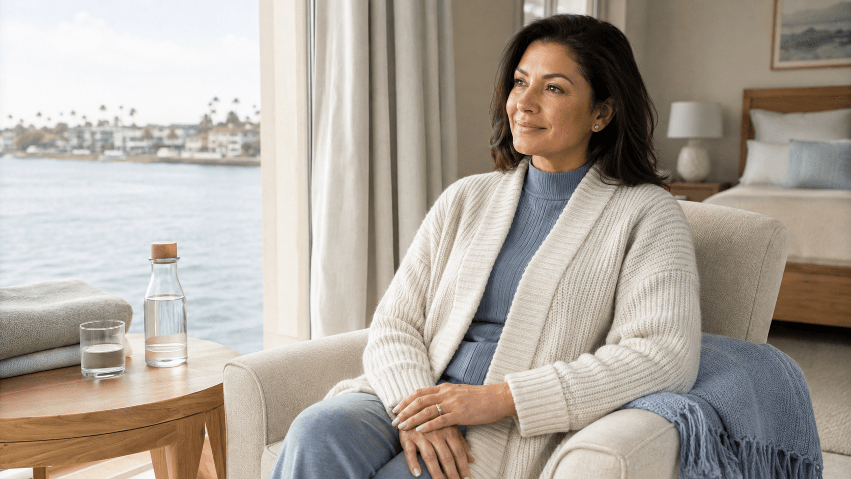 Fully clothed woman resting comfortably in a soft support garment at home near a coastal window
