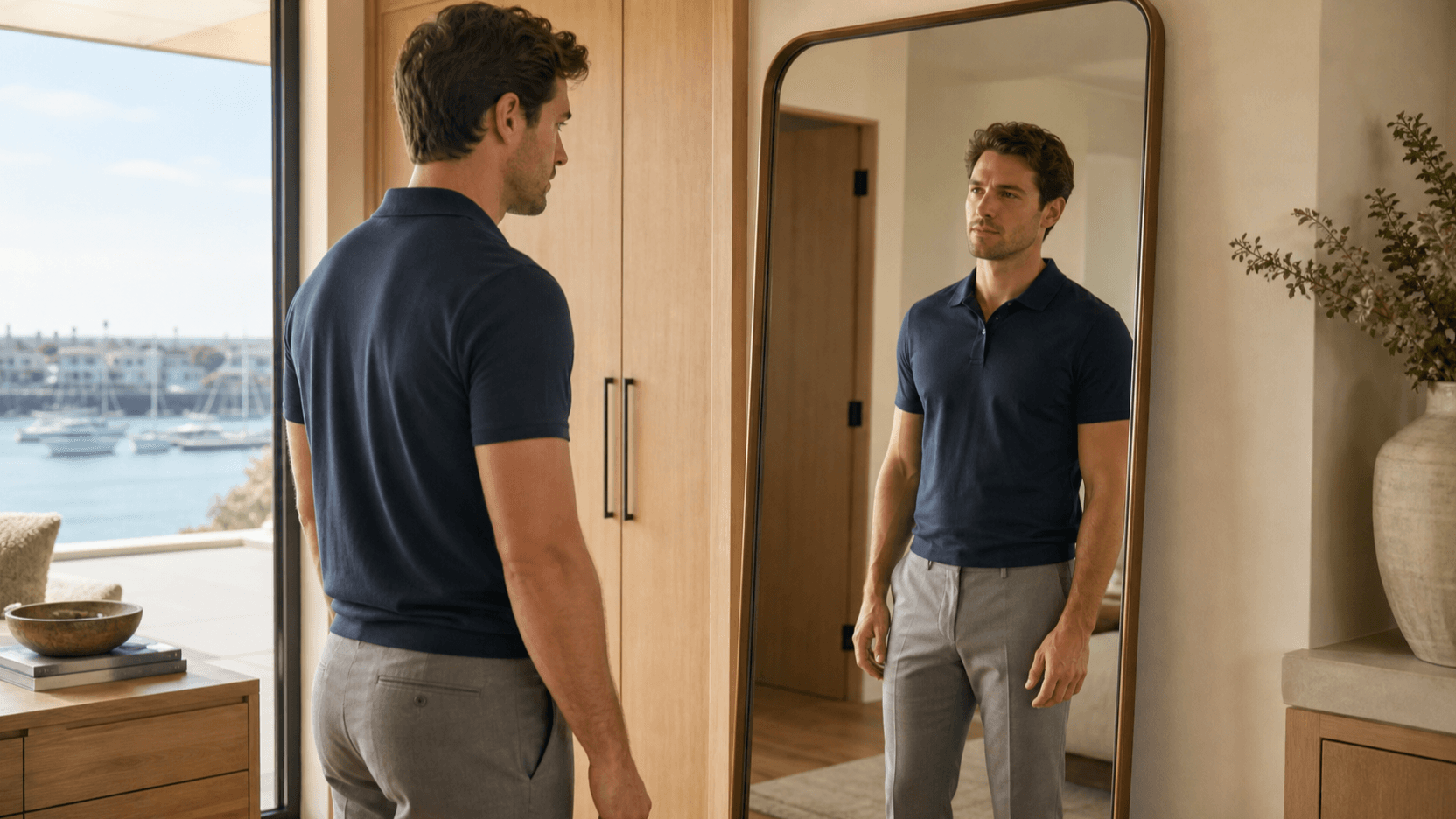 Fully clothed man considering the contour of his chest in a bright coastal home