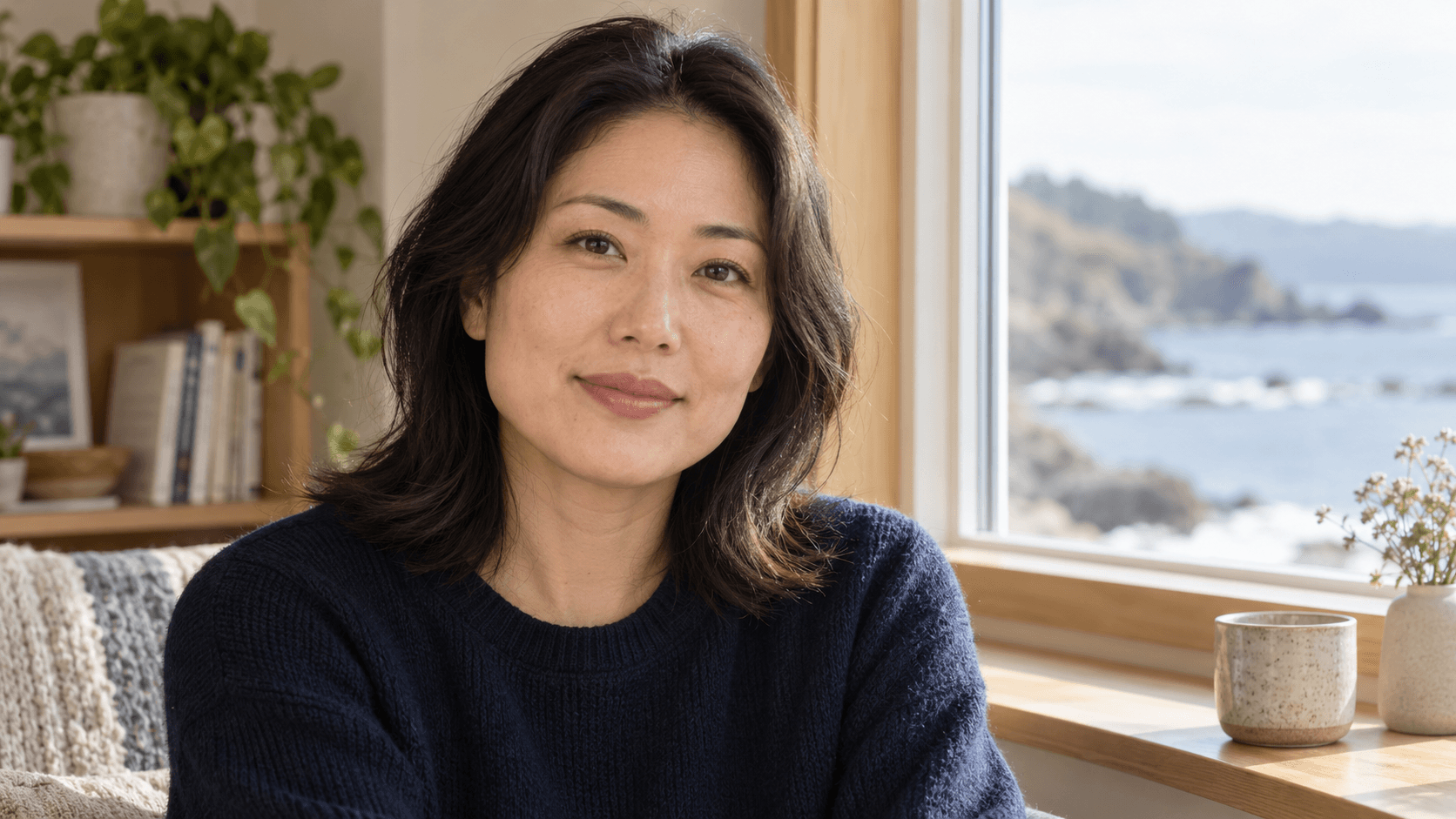 Relaxed portrait of a woman in a navy sweater by a window.