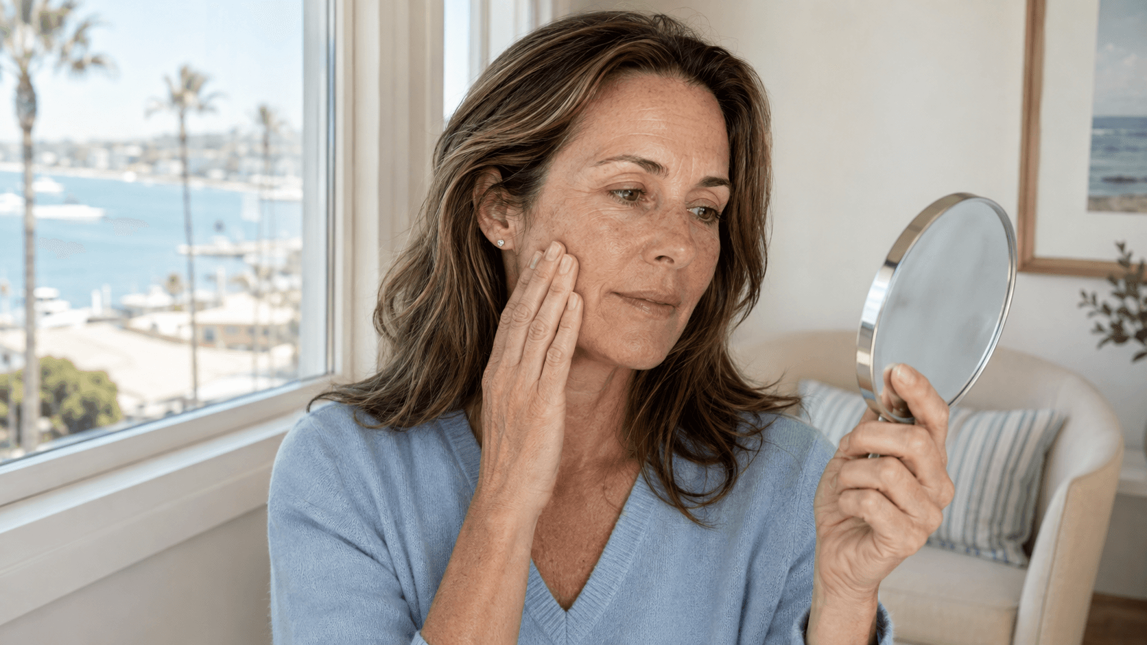 Woman examining natural skin texture and tone in soft coastal daylight