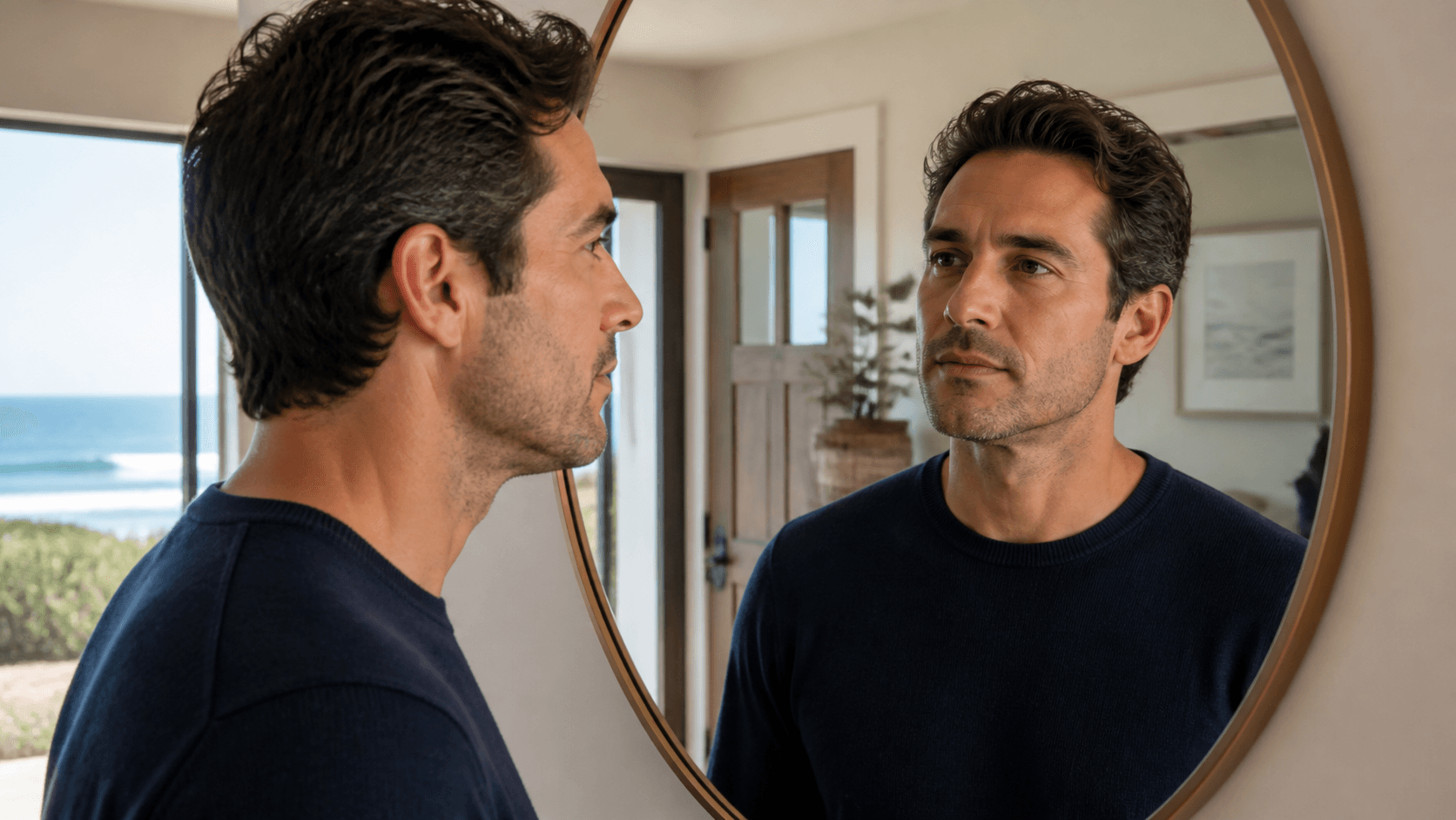 Man thoughtfully examining his nose from the front in a coastal mirror