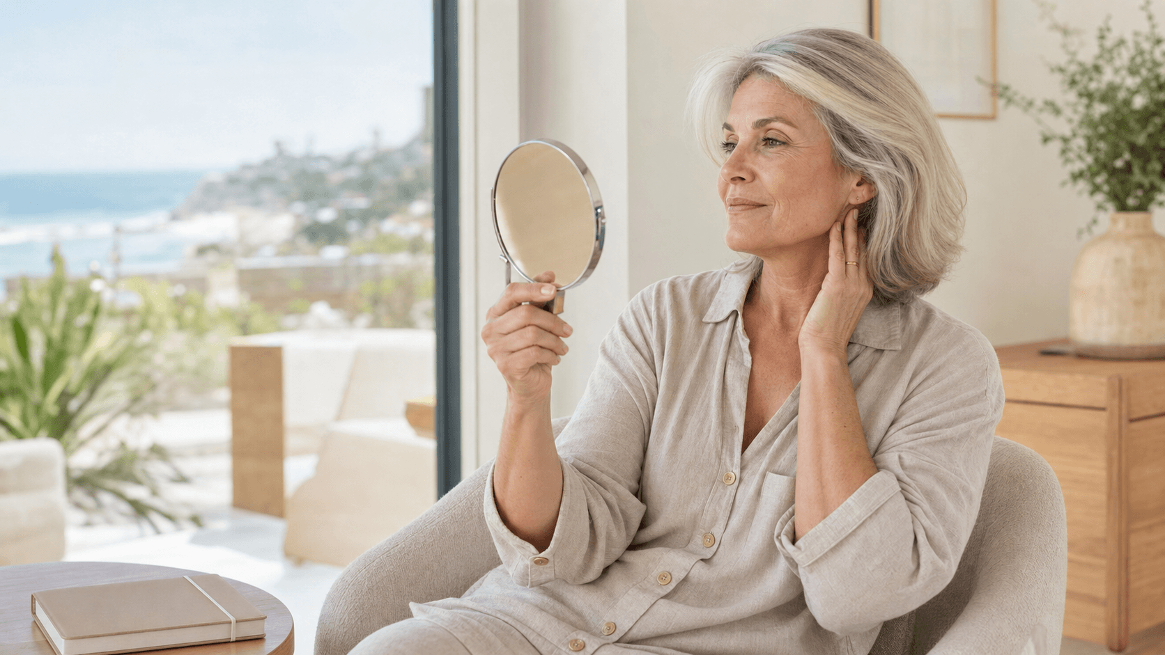 Mujer revisando su recuperación facial en un espejo en Newport Beach