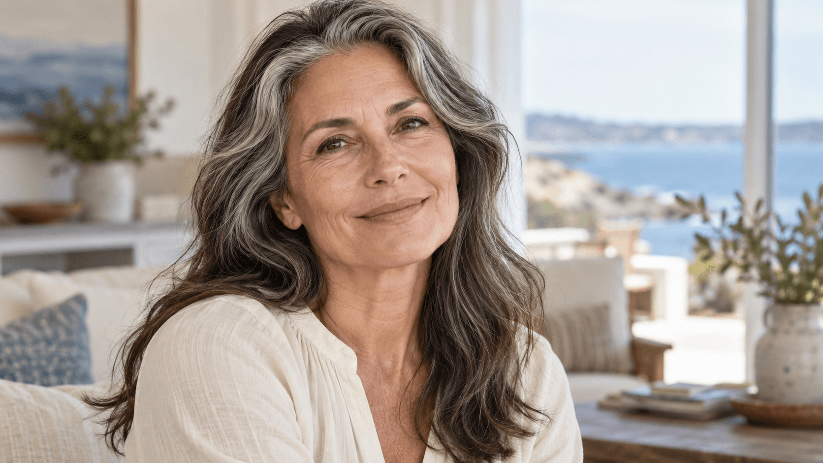 Woman with silver-streaked hair and natural skin texture in a cream blouse.