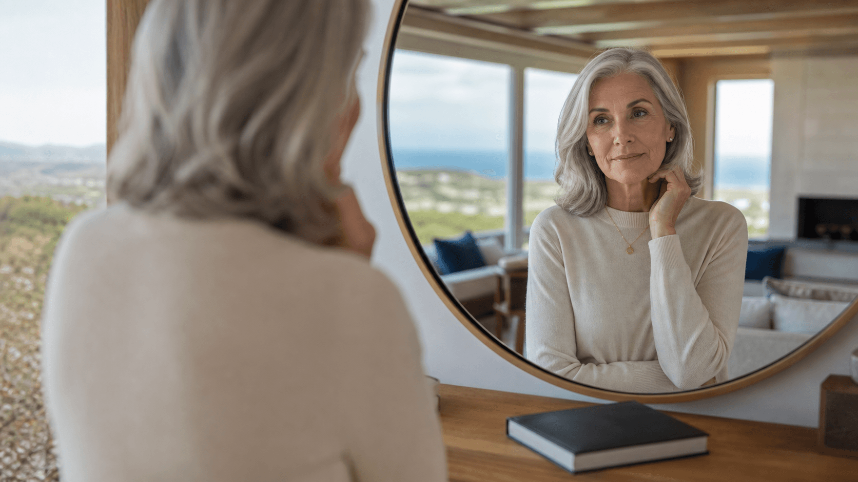Mujer madura comparando con calma su reflejo con una fotografía anterior