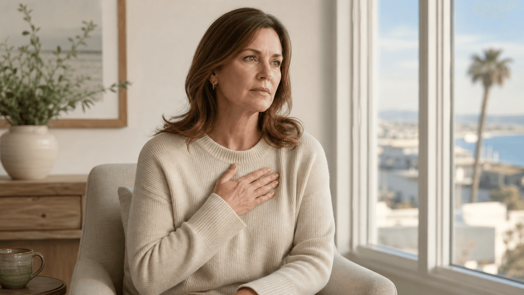 Mujer vestida apoyando la mano sobre la parte superior del pecho con atención