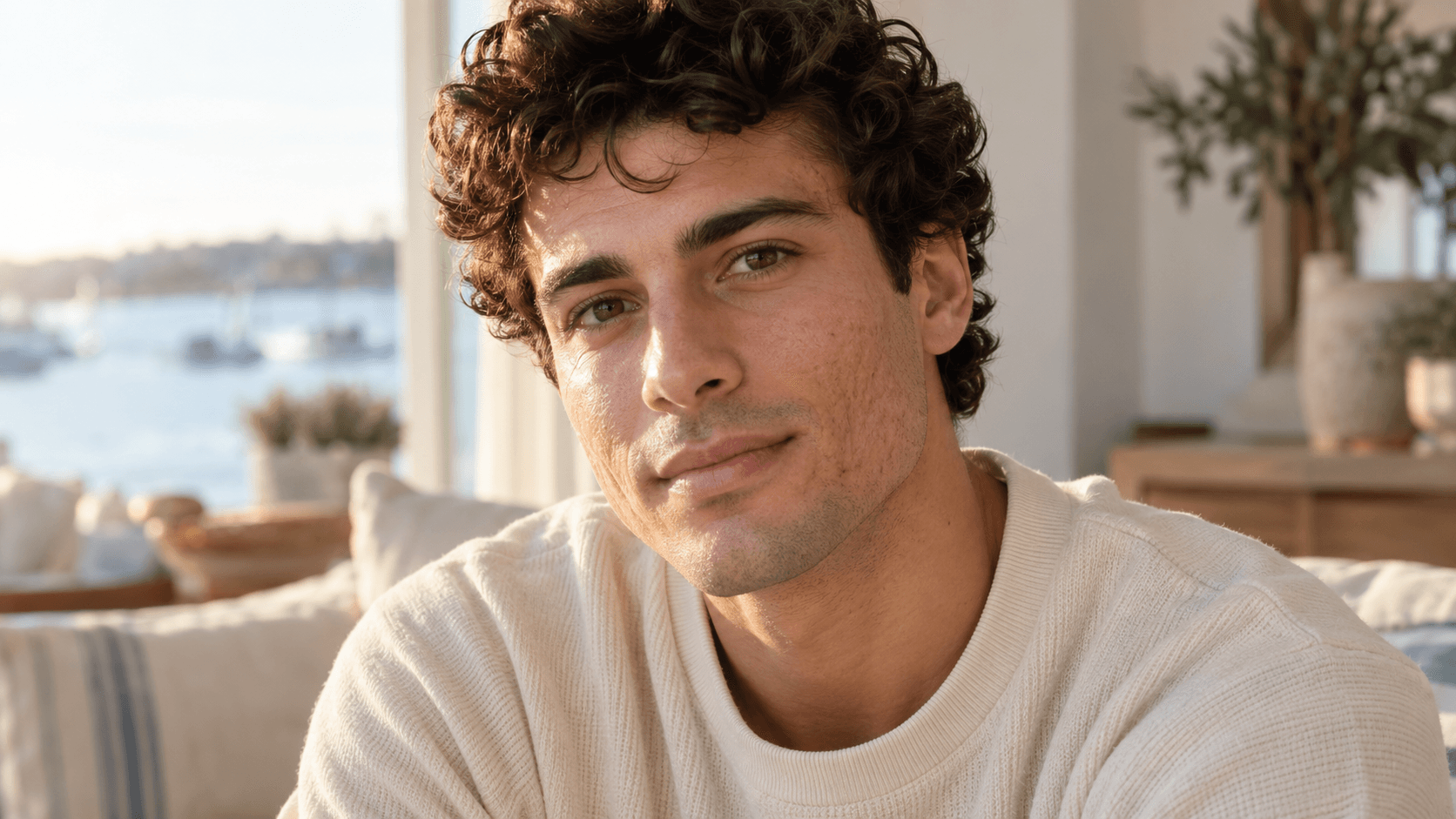 Close portrait of a man with curly dark hair and subtle cheek texture
