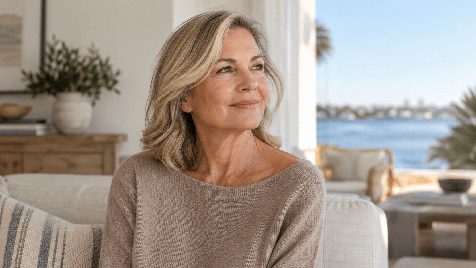 Woman in a taupe sweater with natural neck texture in soft daylight.