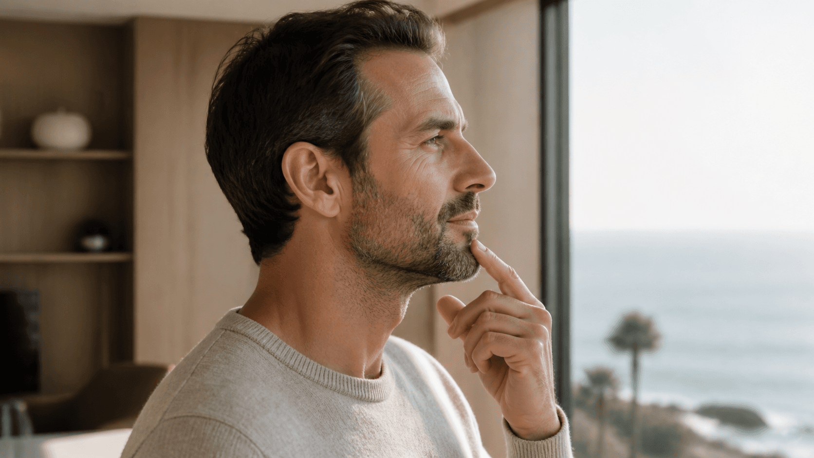 Hombre observando la relación entre nariz y mentón en perfil lateral