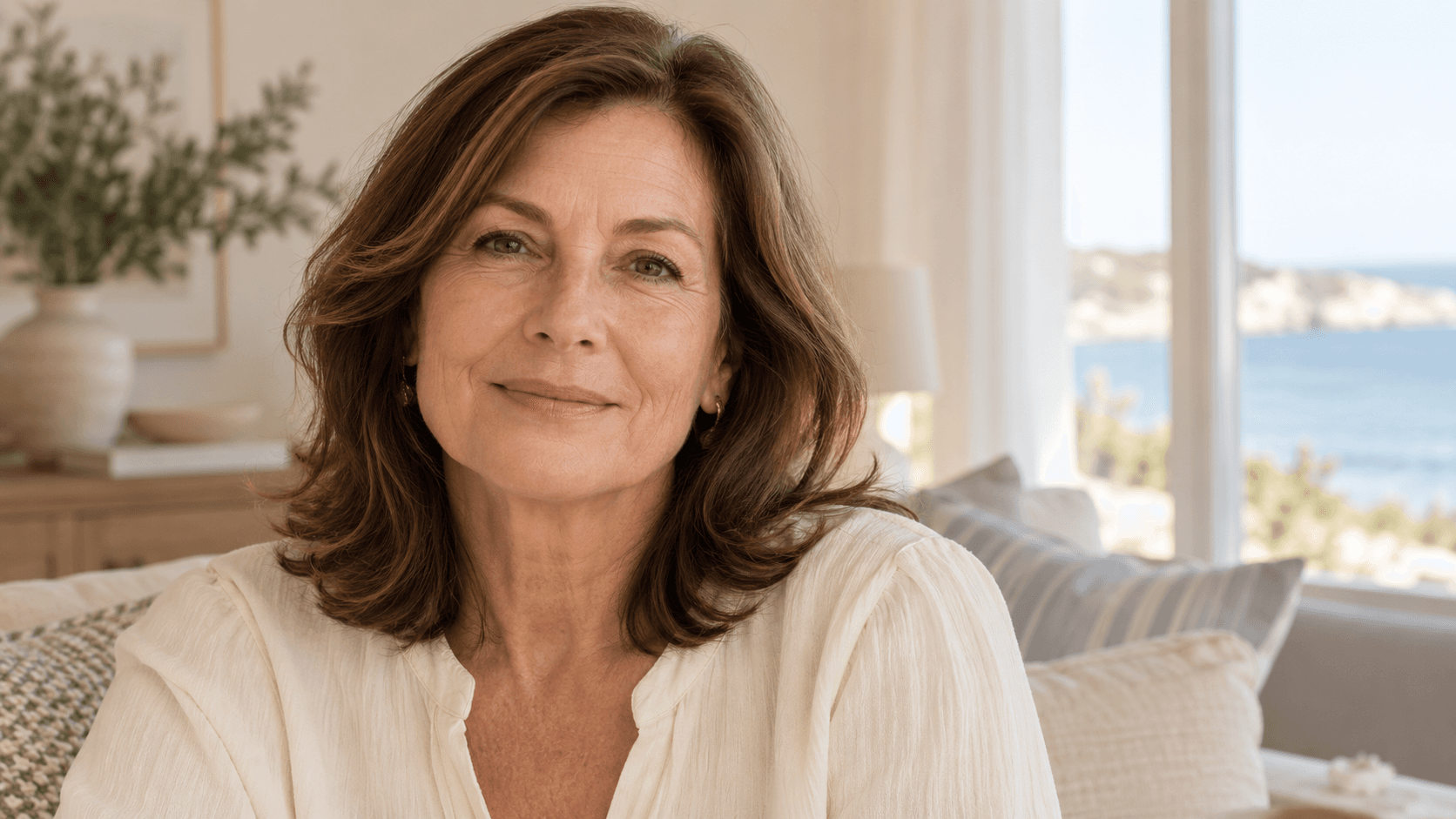 Retrato de una mujer con líneas de expresión naturales y blusa marfil.