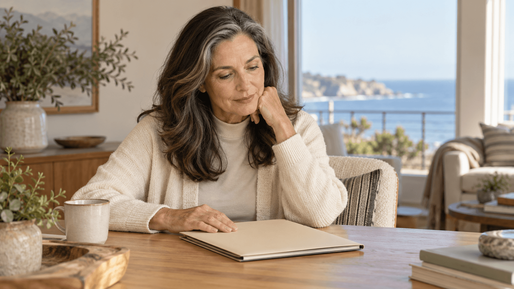 Woman reviewing a plain folder at a wooden table.