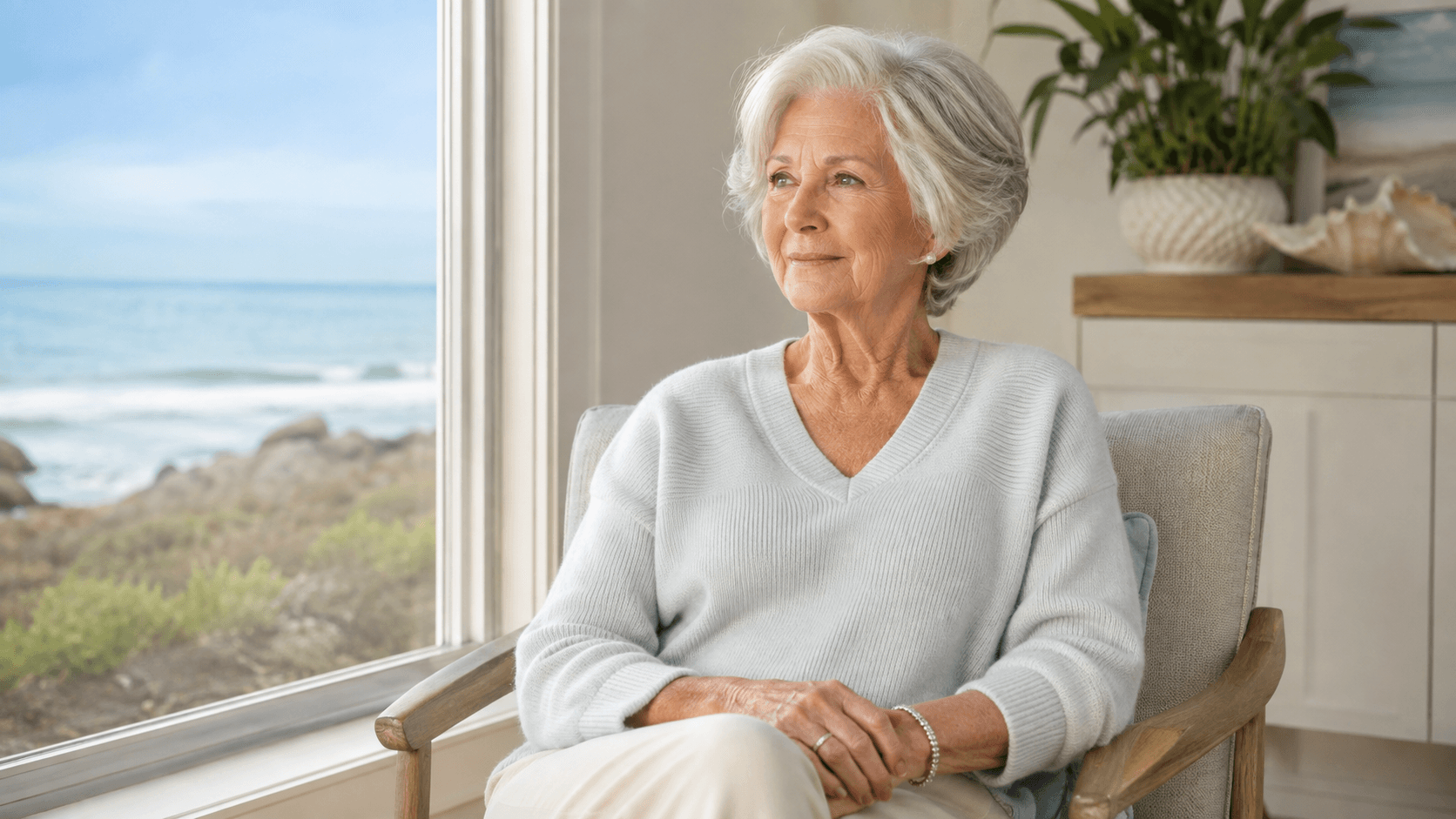 Elegant older woman in her seventies relaxing near a bright coastal window