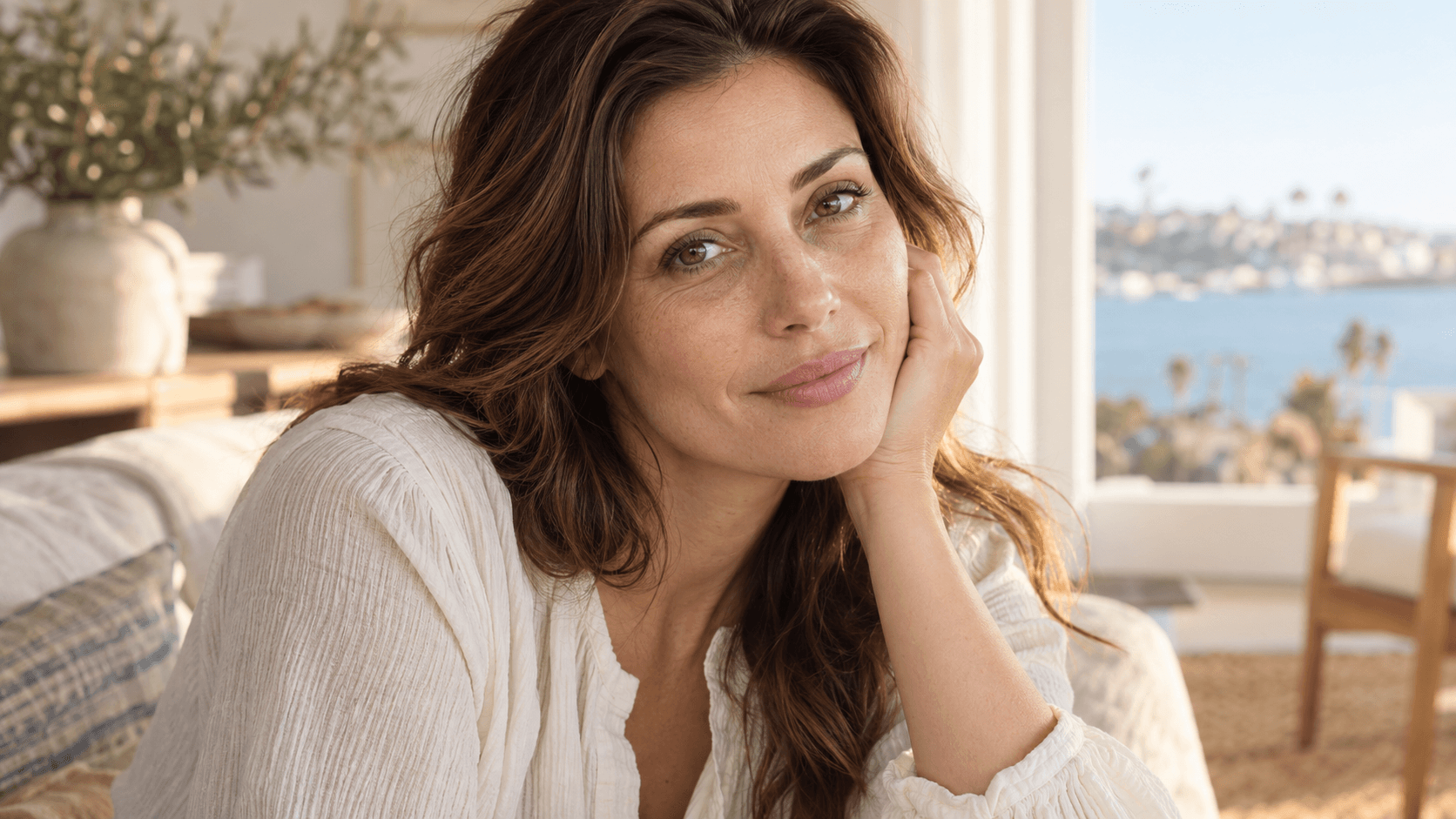 Close portrait of a woman with natural under-eye shadows and visible skin texture