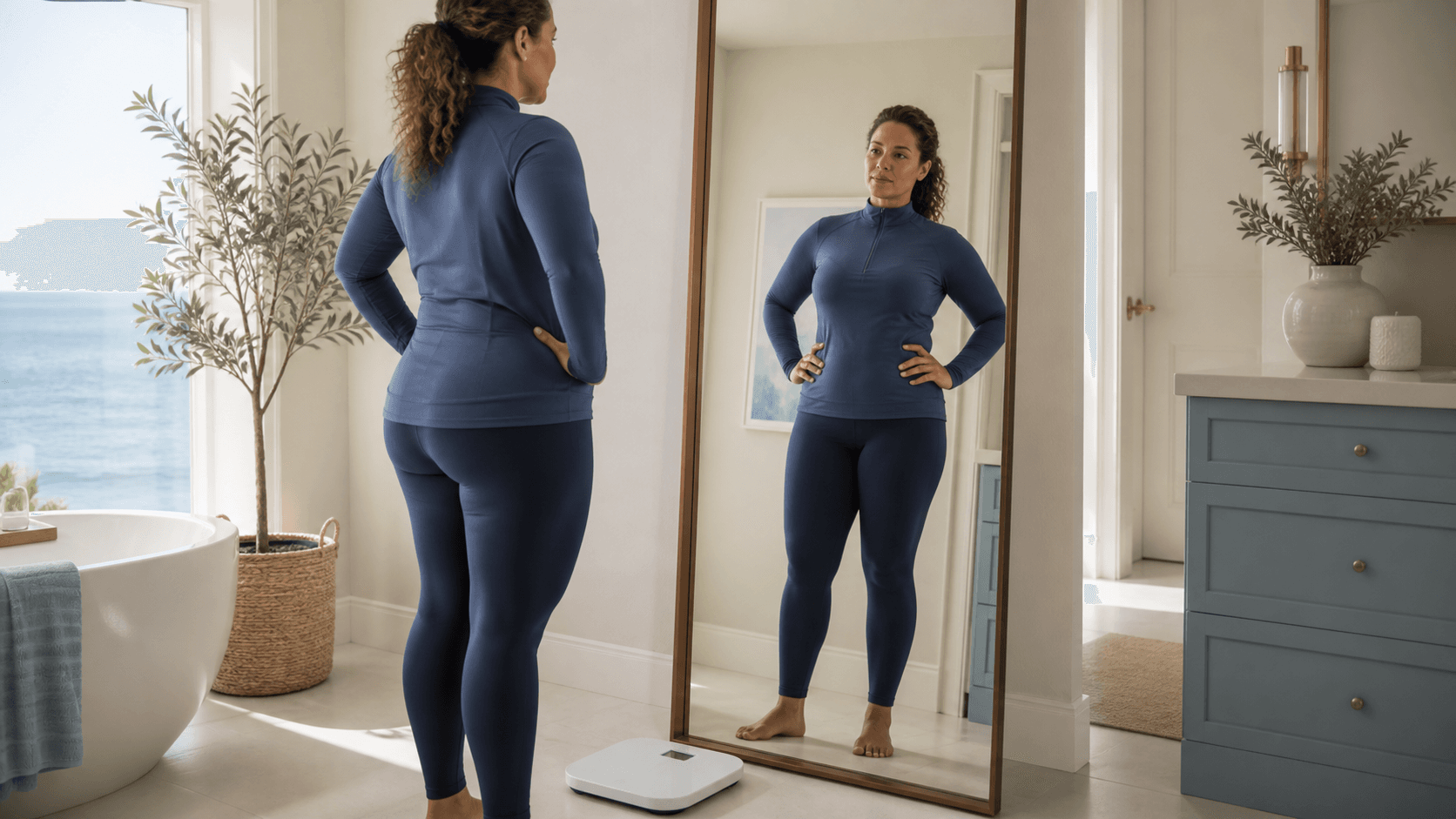 Mujer vestida evaluando su contorno junto a una báscula sin marca