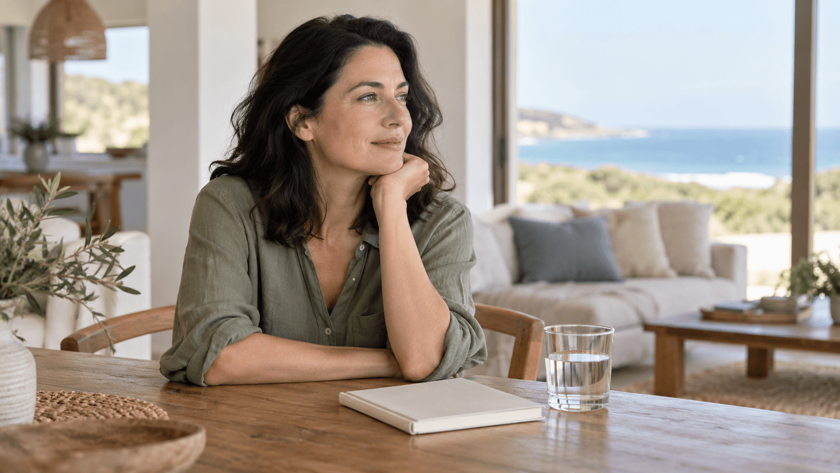 Woman in a sage shirt at a table with a notebook and a glass of water.