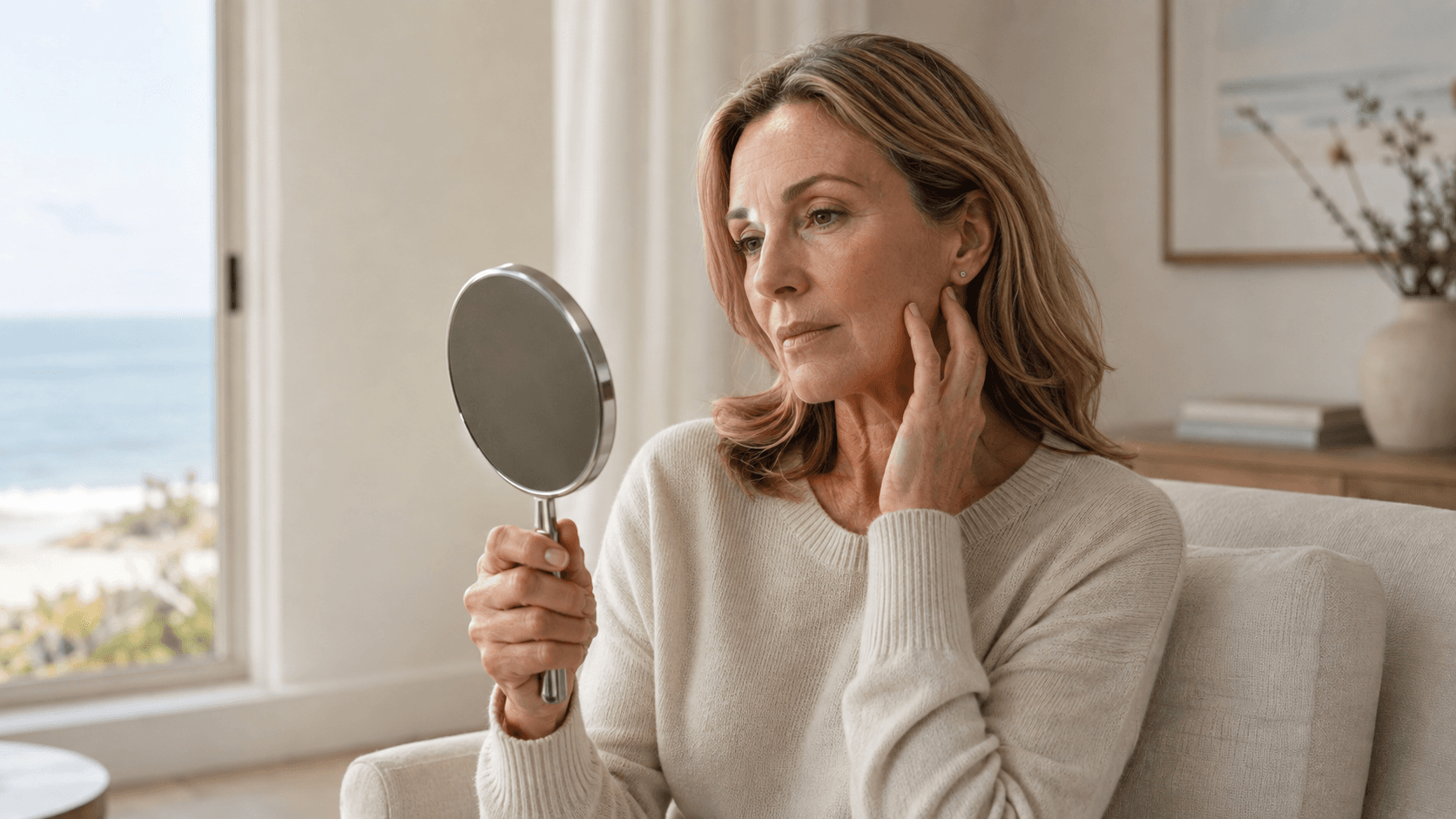 Woman studying her cheek contour in a handheld mirror beside a coastal window
